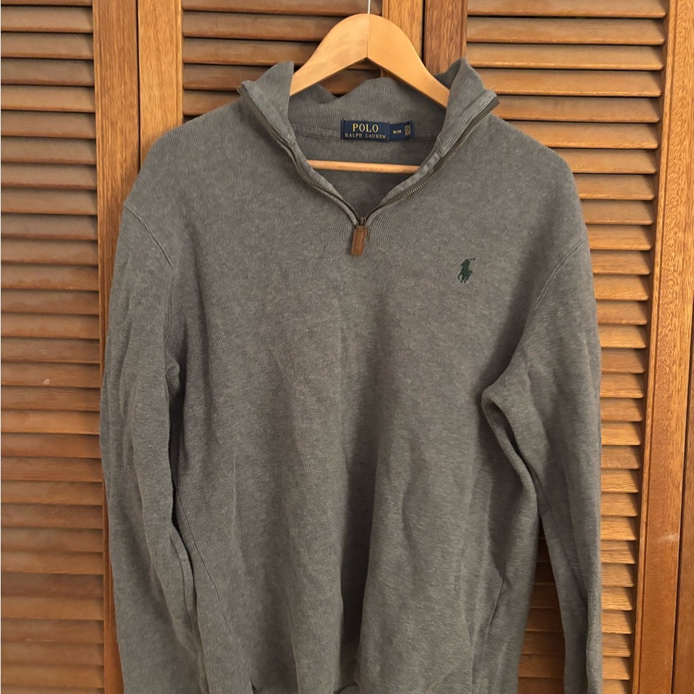 Ralph Lauren Men's Gray Quarter-Zip Sweater with Green Polo Logo. Size medium. M